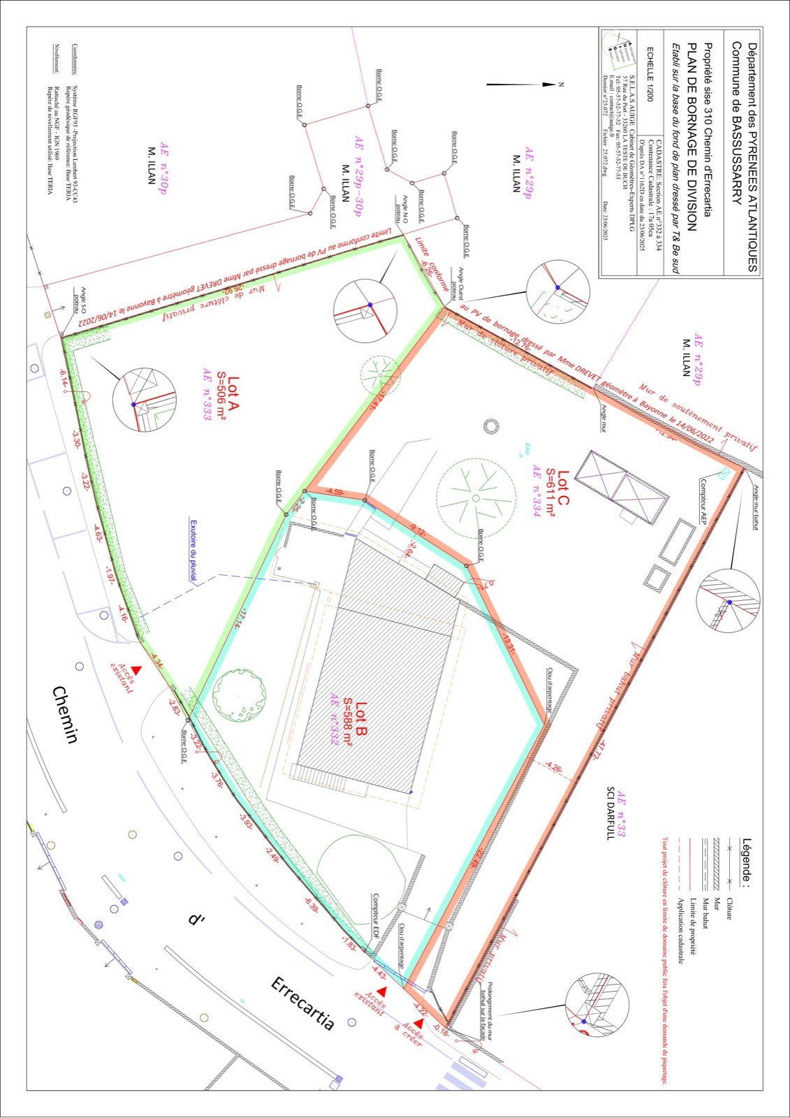 Plan de bornage et de division parcellaire — Lots A, B et C.